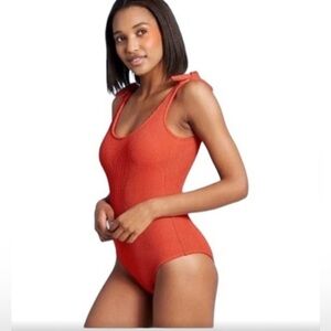 Kona Sol Women's Textured One Piece Swimsuit Orange Size M Scoop Neck Bow Straps